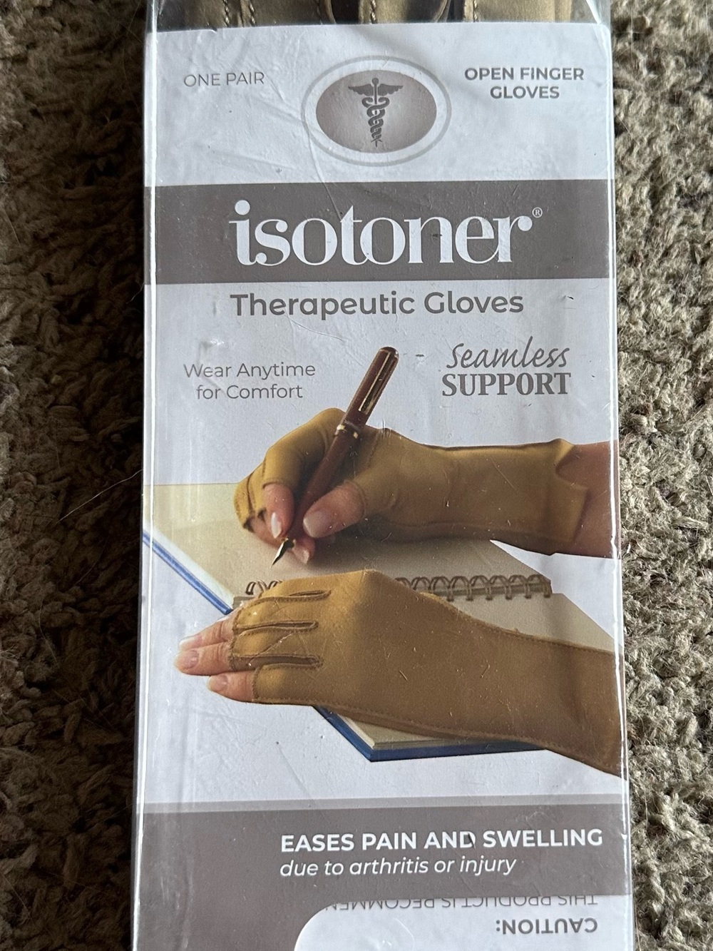 isotoner beige open-finger therapeutic gloves